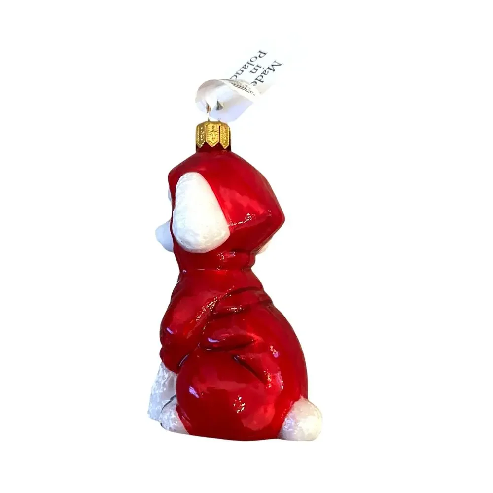 Joy to the World White Poodle in Red Hoodie Polish Glass Christmas Tree Ornament